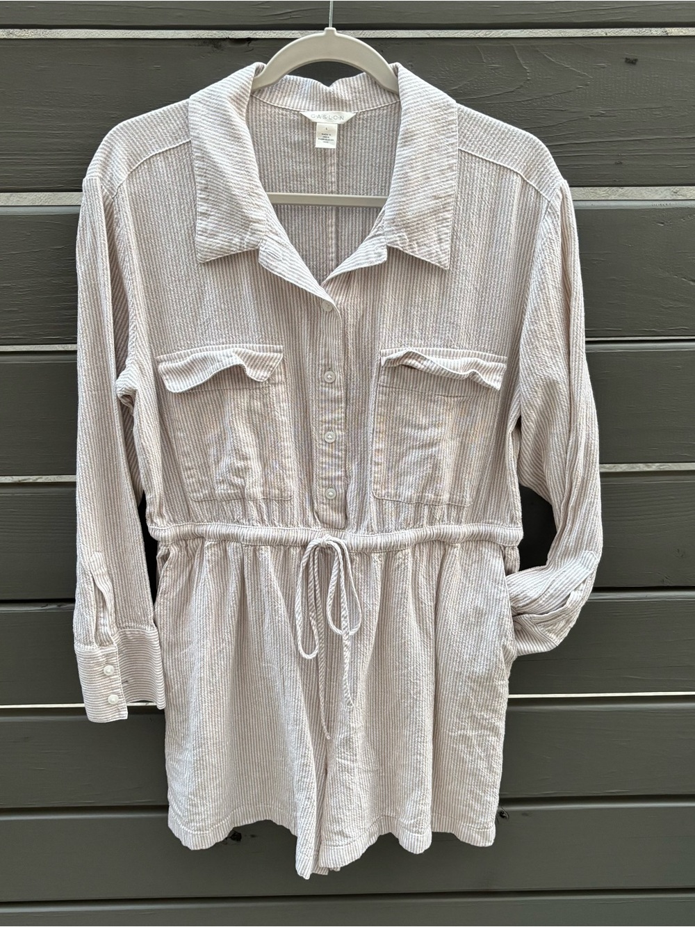 Caslon Linen Blend Utility Romper L Drawstring Waist Coastal Striped Cream EUC